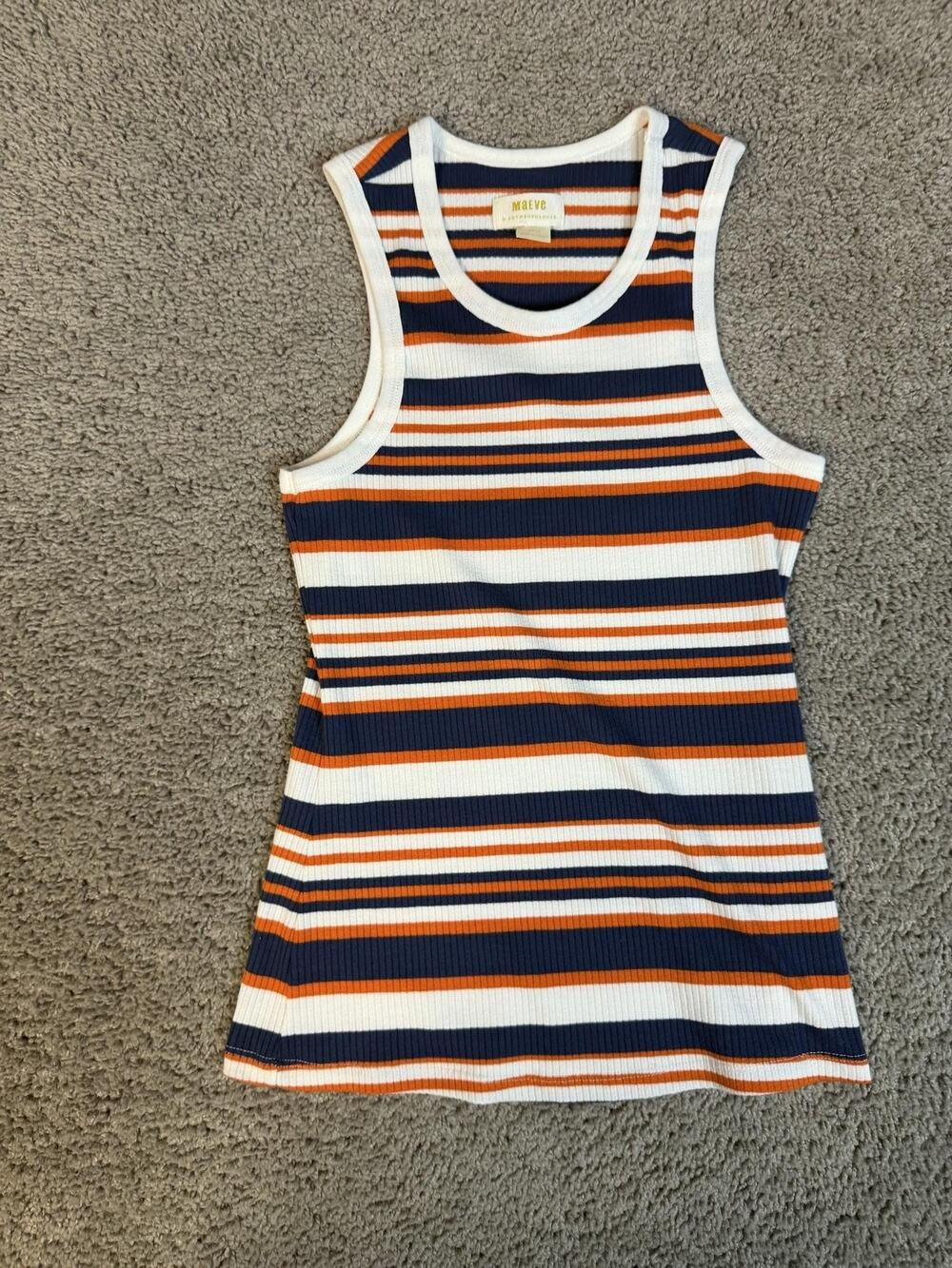 Maeve Tank Womens M Blue Orange Striped Ribbed Crew Neck Slim Stretch Casual
